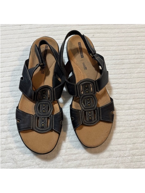 Clarks Shoes - Clarks Black Leather Slingback Sandals with Decorative Straps